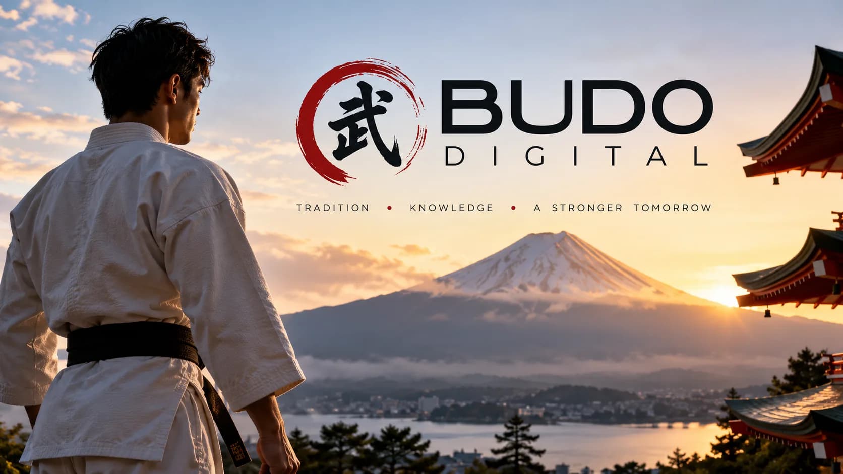 Martial artist in a black belt overlooking Mount Fuji at sunrise, with the Budō Digital mark